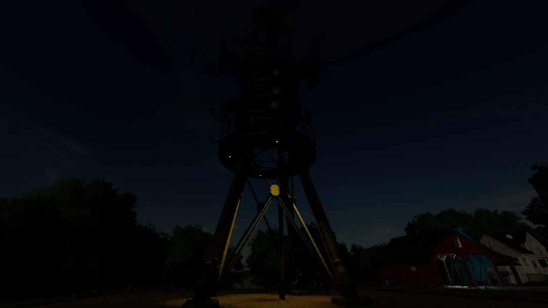 Mod de antena militar FS22 à noite no Farming Simulator 22, estrutura alta cercada por árvores e edifícios.