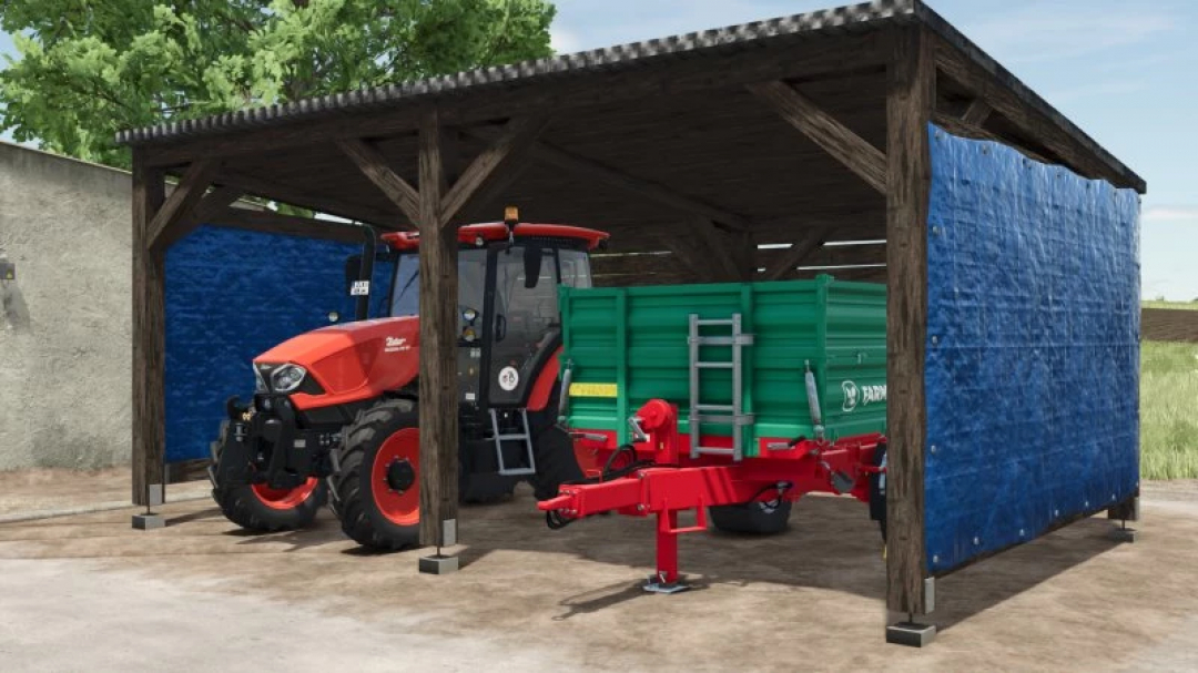 FS25 Bale Shelter with tractor and trailer in Farming Simulator 25 mod.