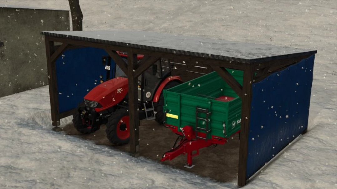 FS25 Bale Shelter mod showcases a red tractor and green trailer in snow-covered shelter.