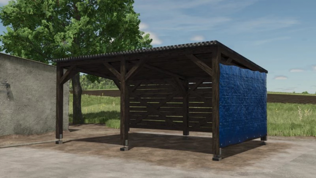 FS25 Bale Shelter from the Machine Shelter Package mod in Farming Simulator 25 on a sunny day.