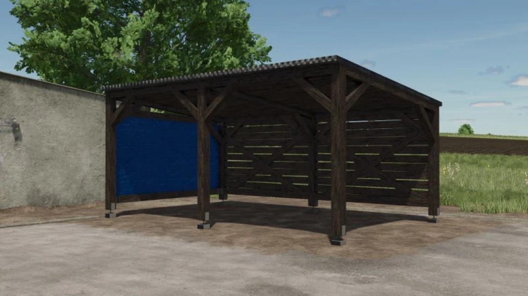 FS25 Bale Shelter from Farming Simulator 25 mods, featuring a wooden structure with open sides and a blue tarp backdrop.