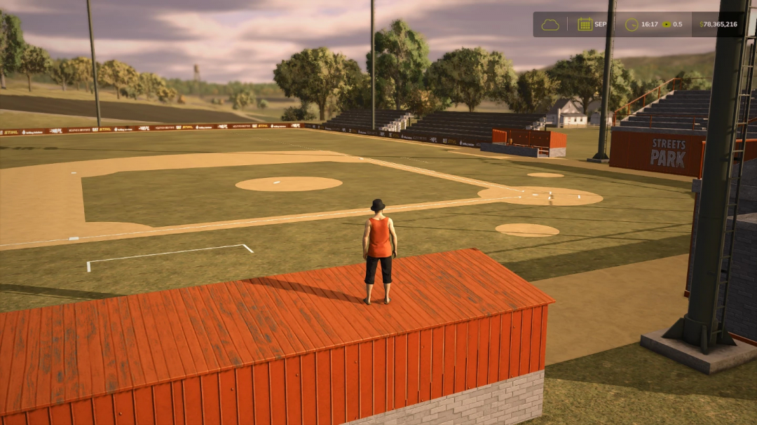 Mod FS25 Campo de béisbol mostrando un estadio en Farming Simulator 25.