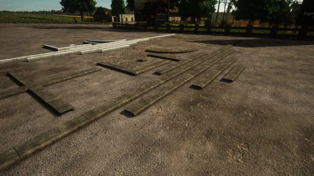 Obraz mod FS25 Curbs v1.0.0.0 przedstawiający różne krawężniki na farmie, zwiększający realizm w Farming Simulator 25.