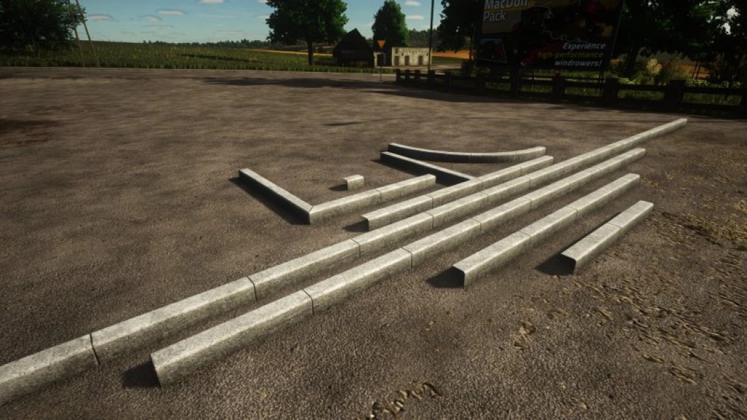 FS25 Curbs mod v1.0.0.0 w Farming Simulator 25 pokazuje różne elementy betonowych krawężników na otwartej przestrzeni.