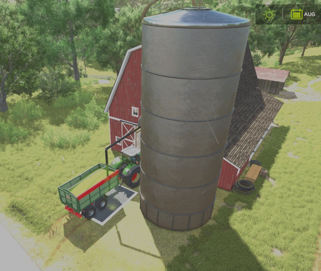 Celeiro FS25 com silo ao lado de trator e reboque no mod Farming Simulator 25.