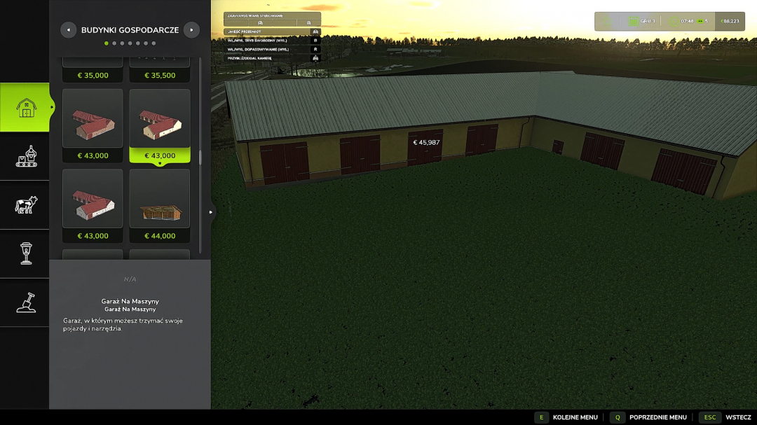 FS25 Garage Pack v1.0.0.0 in Farming Simulator 25 mod menu, showing various garage options and prices.