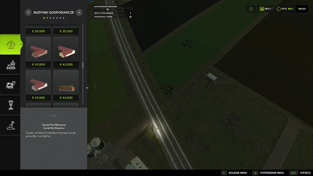 FS25 Garage Pack mod interface showing various garage options with prices in Farming Simulator 25.