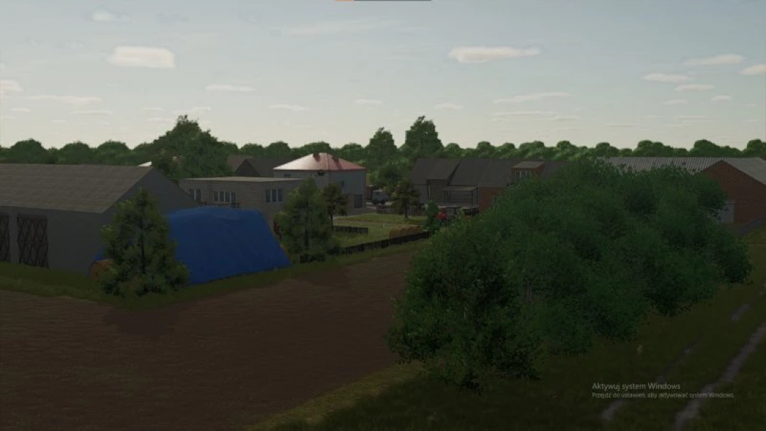 FS25 Mini village v1.0.0.0 mod showing a rural landscape with houses, trees, and fields in Farming Simulator 25.