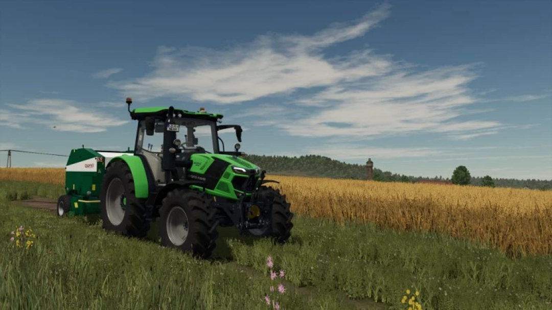 FS25 Sipma Z279 v1.0.0.0 mod showing a tractor and baler in a wheat field, Farming Simulator 25 mods.