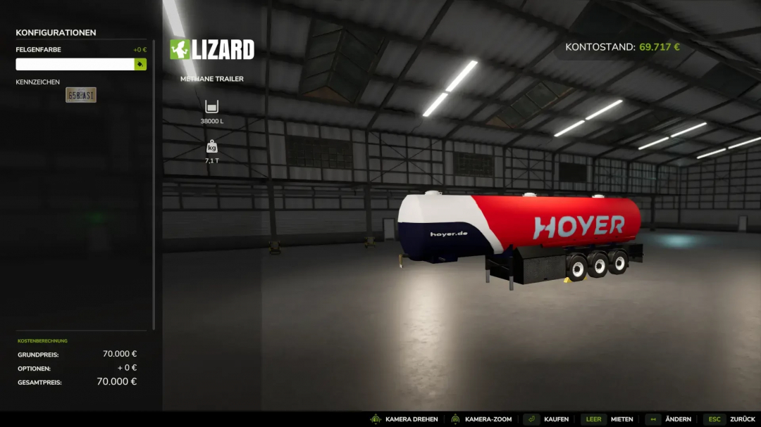 FS25 Tank Trailer mod v1.0.0.0 in a garage, showing methane trailer details and price.