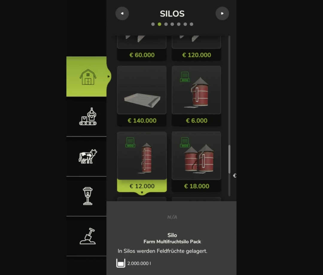 FS25 mod menu showing Farm Multifruitsilo Pack, featuring silos priced from €6,000 to €140,000.