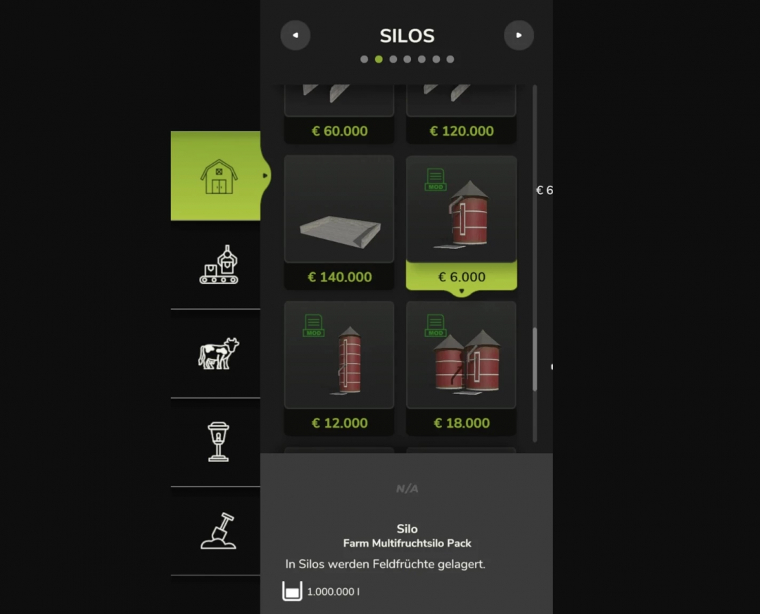 Farming Simulator 25 screenshot showing Farm Multifruitsilo Pack mod options and prices.