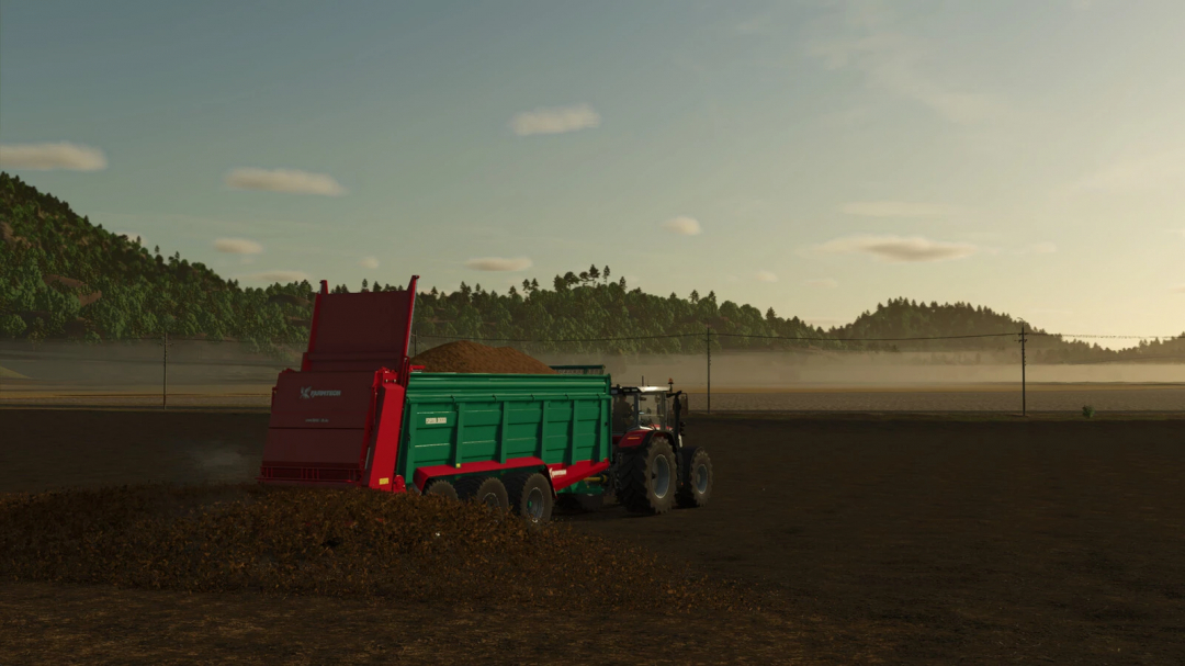 FS25 mod Farmtech Fortis 3000 v1.0.0.0 trailer unloading soil in a field at sunrise.