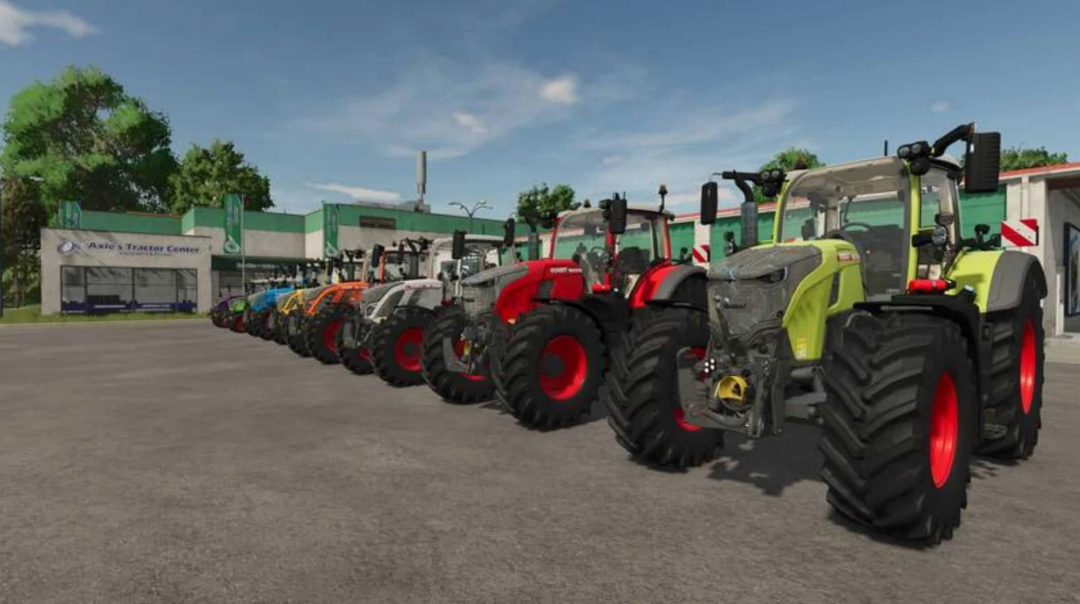 Row of colorful tractors from Fend Multi Pack V1.0.0.2 mod in FS25, parked at a tractor center.