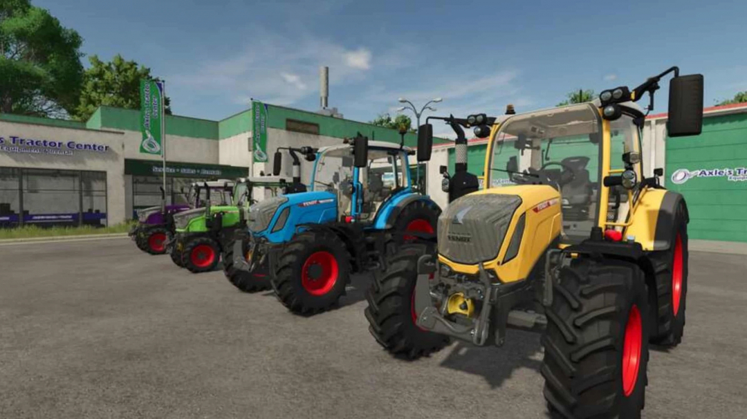 FS25 mod, Fend Multi Pack V1.0.0.2 showcasing a lineup of colorful tractors at a dealership.