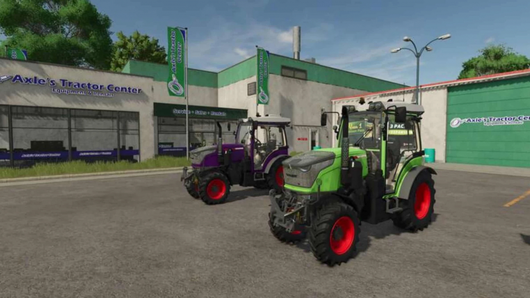 FS25 Fend Multi Pack V1.0.0.2 mod showing two tractors outside Axle's Tractor Center