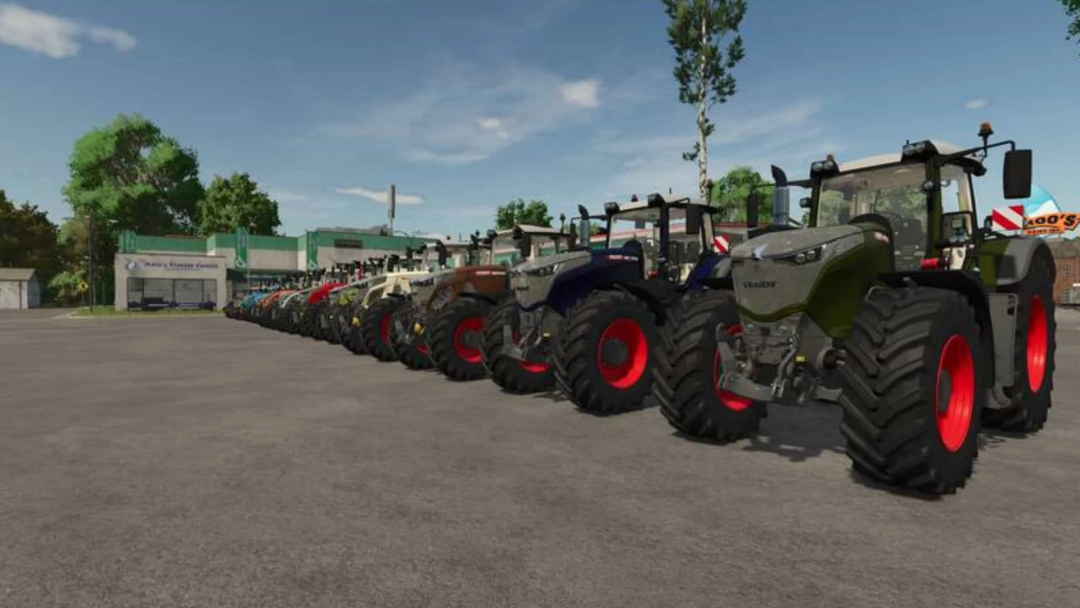 FS25 mod Fend Multi Pack V1.0.0.2 showing a lineup of tractors in a parking lot.