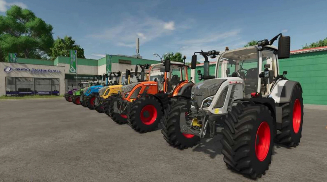 FS25 mods showcase Fend Multi Pack V1.0.0.2 tractors lined up at Axle's Tractor Center. Farming Simulator 25.