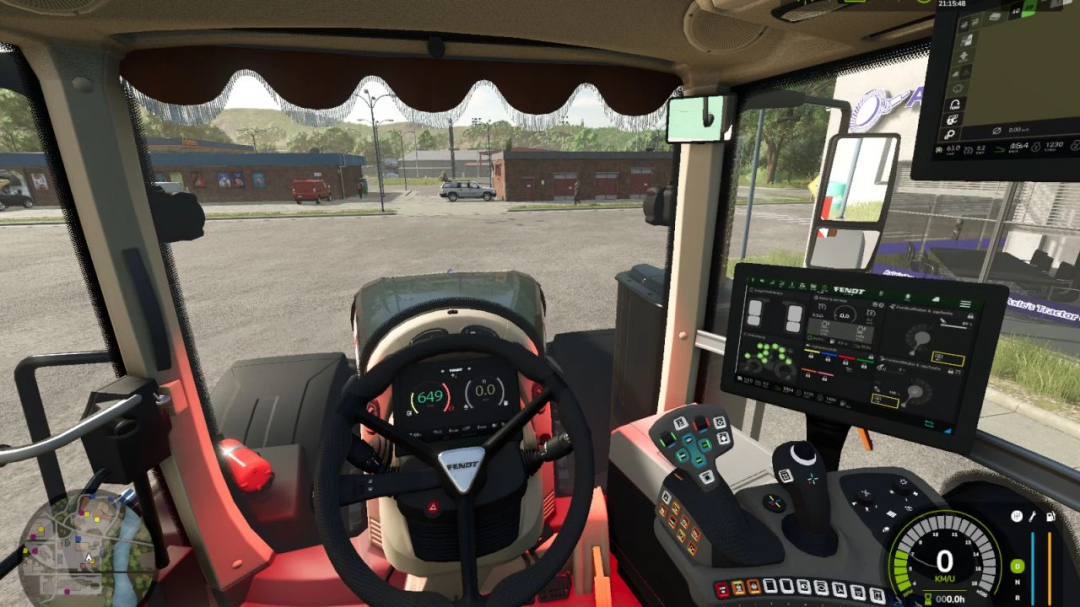 Interior view of Fendt 1000 Vario tractor mod in FS25, showcasing dashboard and controls. Farming Simulator 25 mods.