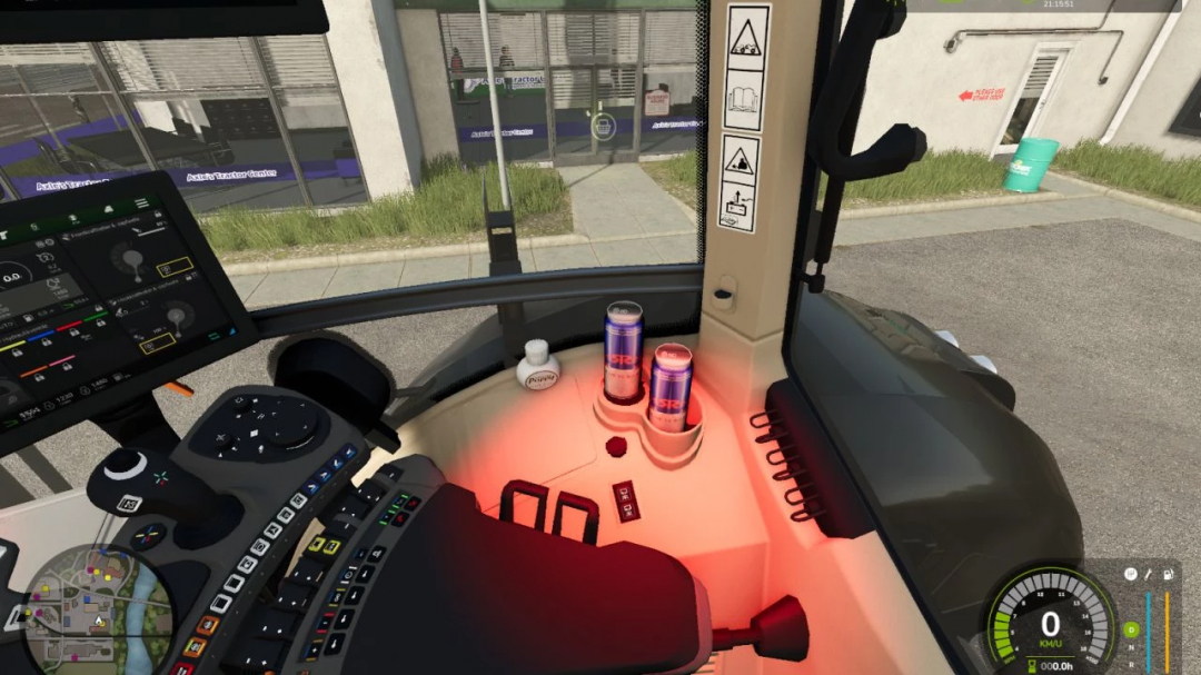 Inside the Fendt 1000 Vario cab in FS25 mod, display screens and dashboard controls are visible.