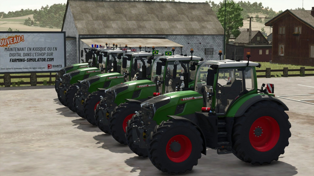 Ligne de tracteurs Fendt 700 dans le mod Farming Simulator 25, version 1.1.0.0. Les mods FS25 améliorent le réalisme du jeu.