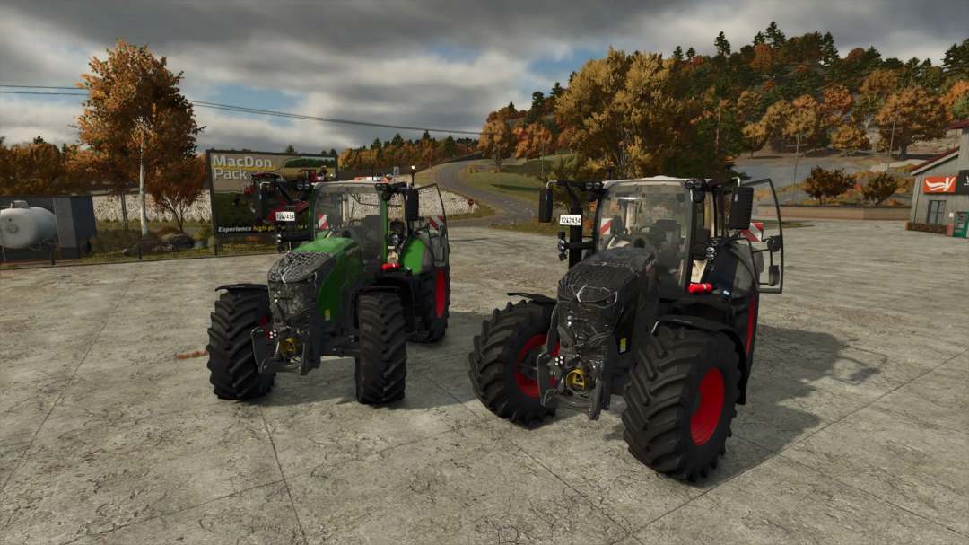 Mod Fendt 700 Vario Edited per FS25, che mostra due trattori su una superficie di cemento con alberi autunnali sullo sfondo.