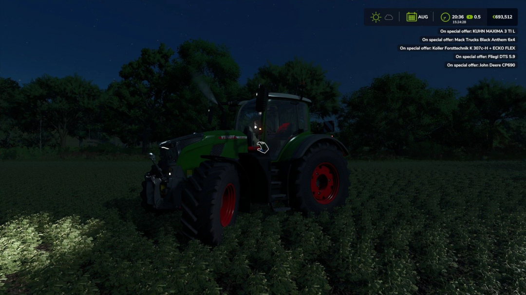 Fendt Vario 700 Edit mod no FS25, mostrado à noite em um campo.