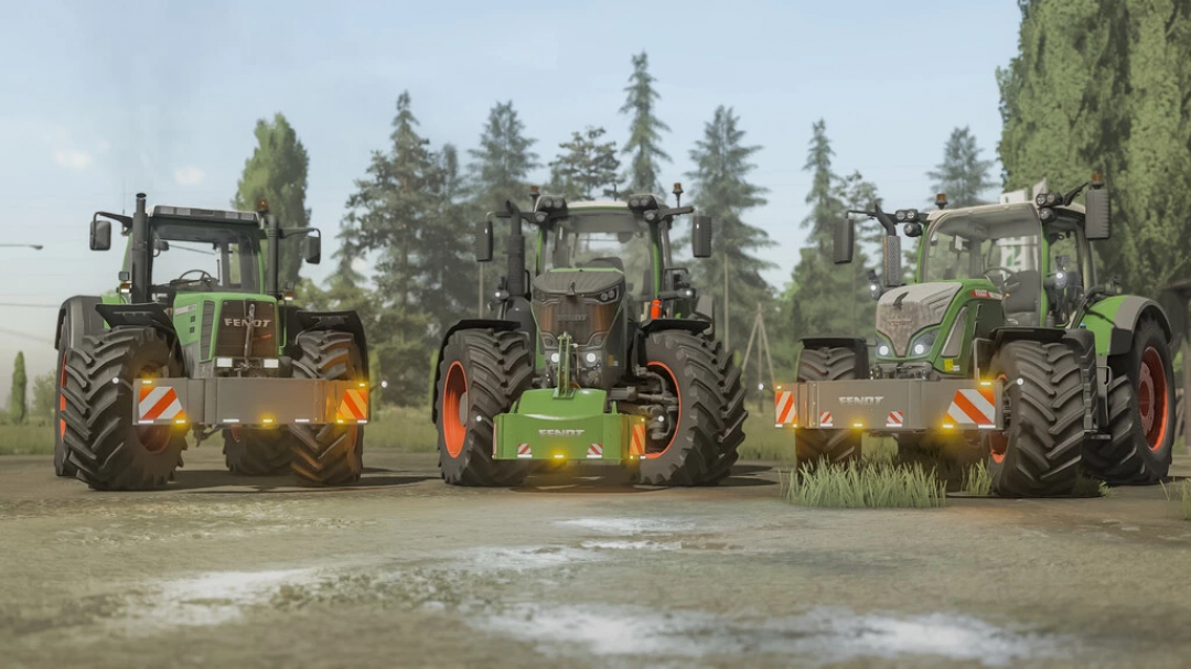 FS22 mod image showing three Fendt tractors equipped with Fendt Weight v1.0.0.0 in a rural setting.