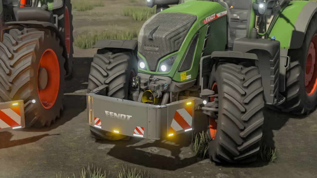 Fendt tractor with a front weight mod in FS22, showcasing detailed agriculture equipment.