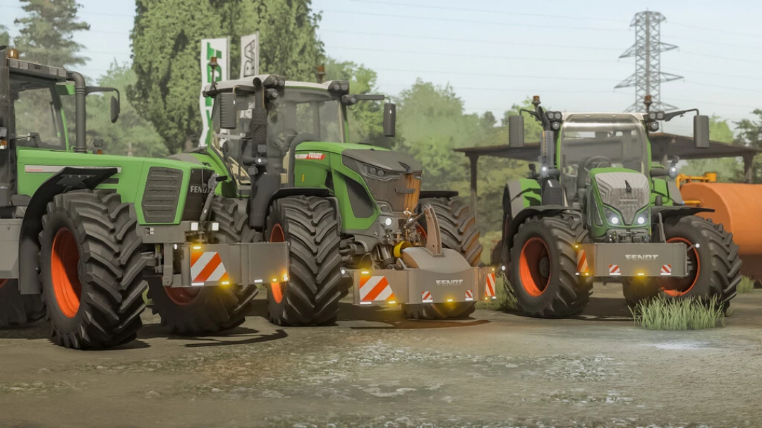 FS22 mods feature three Fendt tractors equipped with front weights for improved stability. Farming Simulator 22 mod enhances gameplay realism.