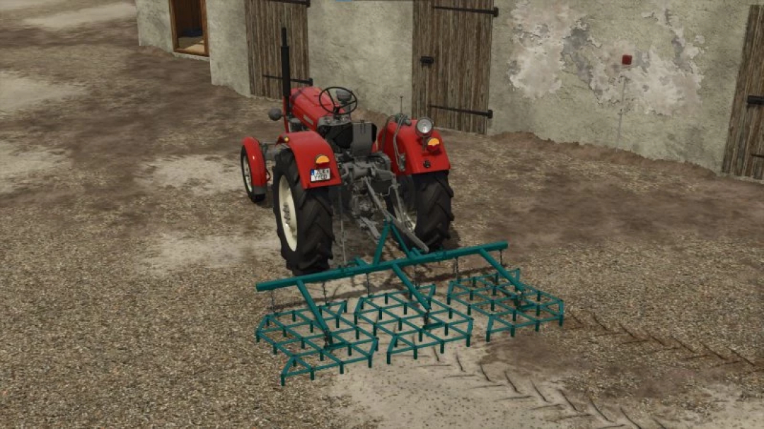 A red tractor equipped with the Fermstal 3 Harrow mod in FS25, showcasing farming equipment in Farming Simulator 25.