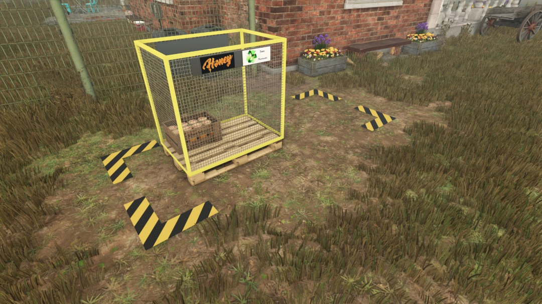 Fillable pallet for honey in FS25 mod, set in a grassy farm area.