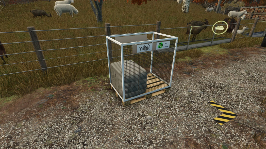 Fillable pallet in FS25 mod for wool collection, set in a farm environment.