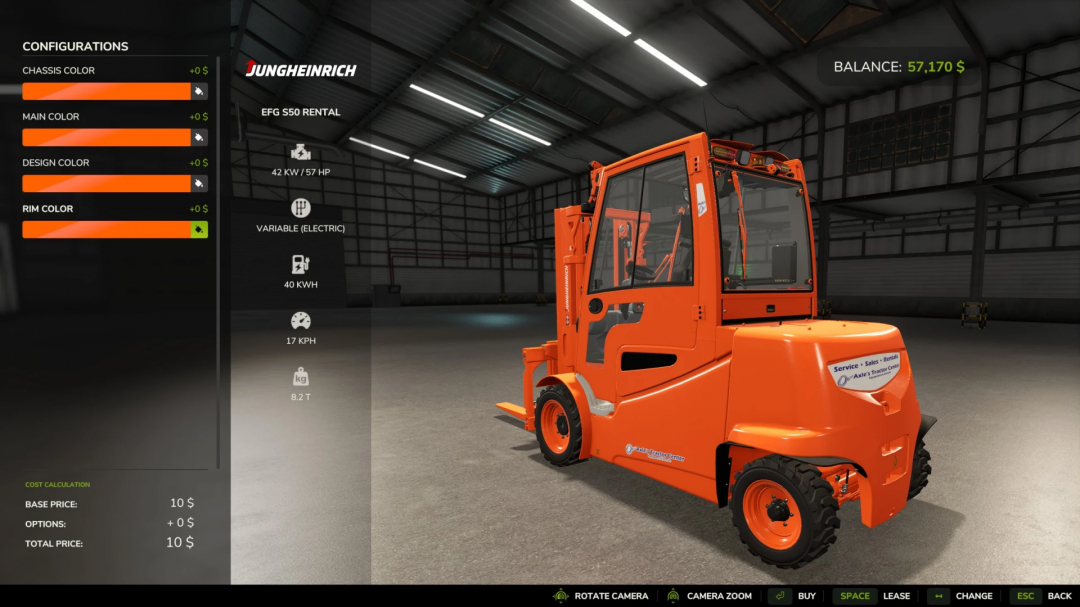 FS25 mods forklift rental V1.0.0.1 featuring orange Jungheinrich EFG S50 in a virtual garage.