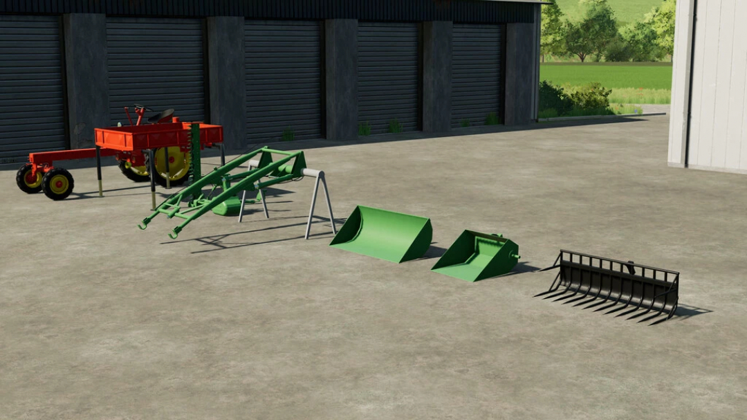 Mod FS22 Fortschritt RS09 v1.0.0.1 con tractor y herramientas agrícolas en un garaje.