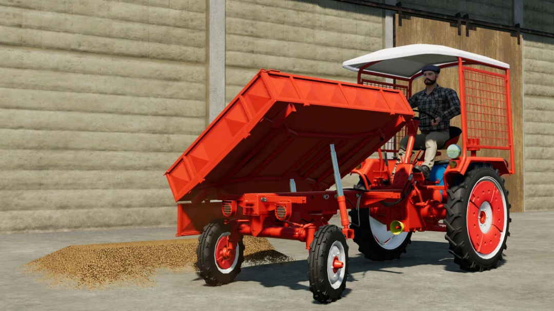 El mod FS22 Fortschritt RS09 v1.0.0.1 muestra un tractor rojo descargando grano en Farming Simulator 22.