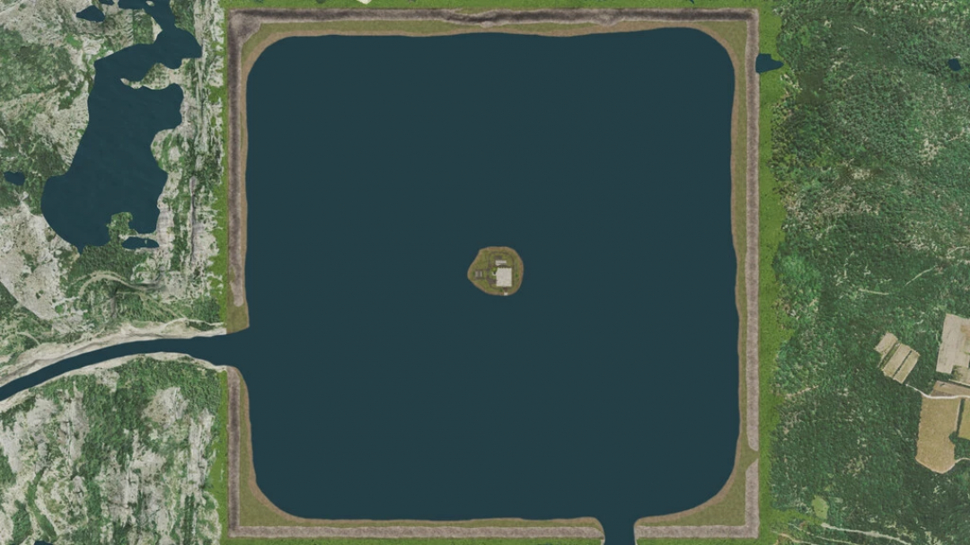 Vista aérea do mapa Freshwater Island Survival para FS22, com grande lago quadrado e ilha central cercada por vegetação densa.