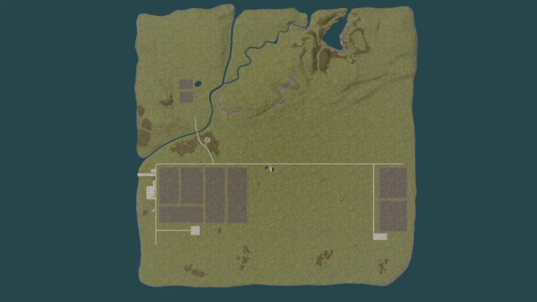 Top view of Freshwater Island map in FS22 mods, showcasing fields, roads, and waterways.