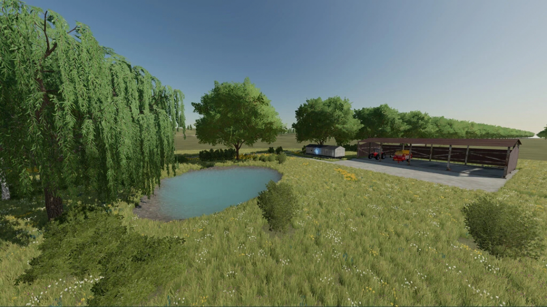 FS22 Freshwater Island mod v1.0.0.0; features a scenic pond, lush trees, and a farm building with equipment, enhancing Farming Simulator 22 gameplay.