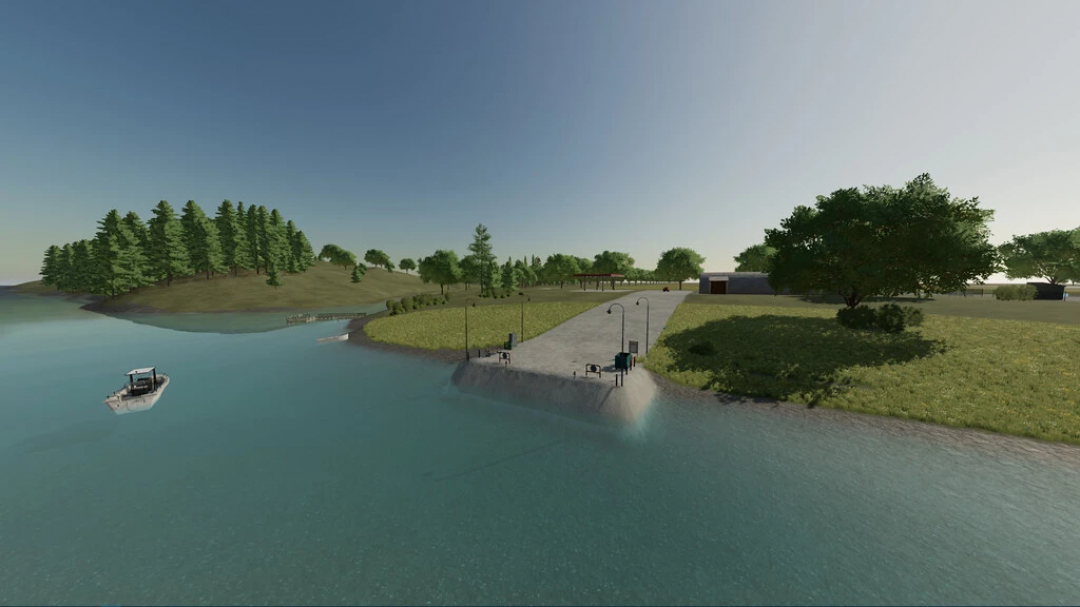 Scenic view of Freshwater Island with boat dock, lush trees, and grassy landscape in FS22 mod.