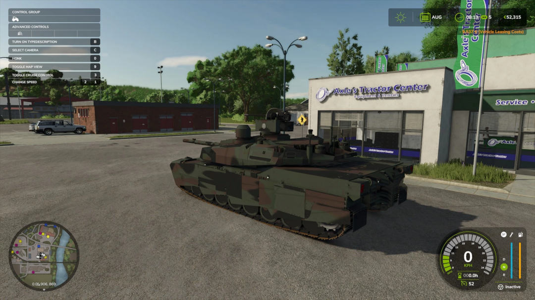 FS25 German tank mod v1.0.0.0 parked near Axle's Tractor Center in Farming Simulator 25.