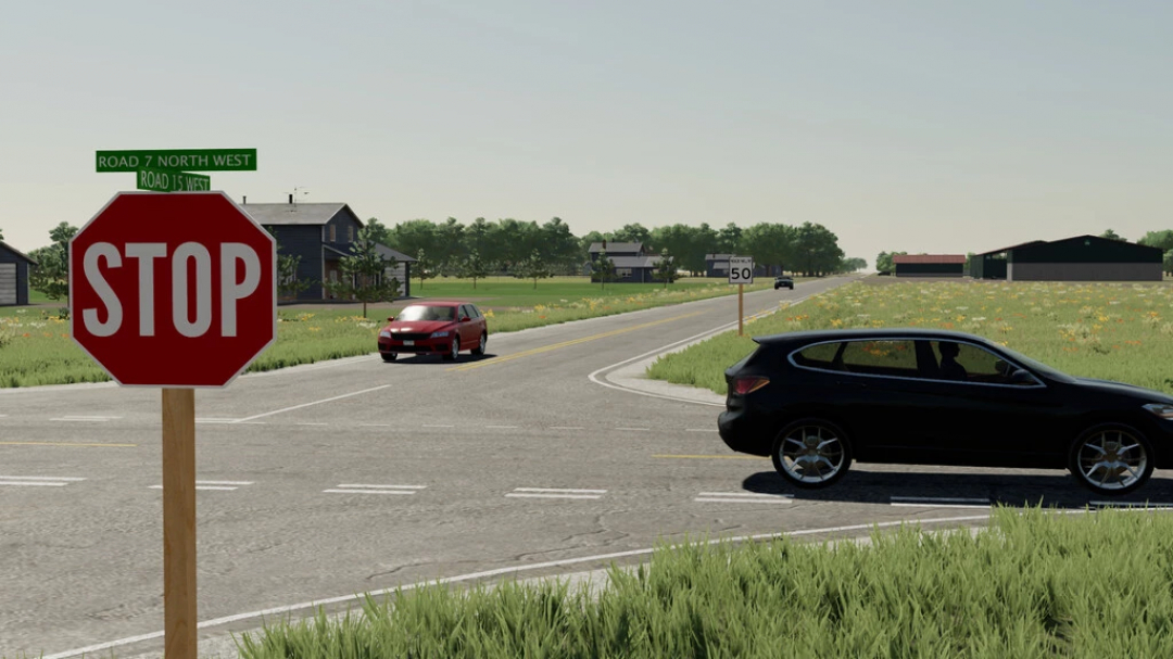 FS22 Gnadenthal Map v1.6.0.0 features a rural intersection with a stop sign and cars. Farming Simulator 22 mods showcase traffic elements.