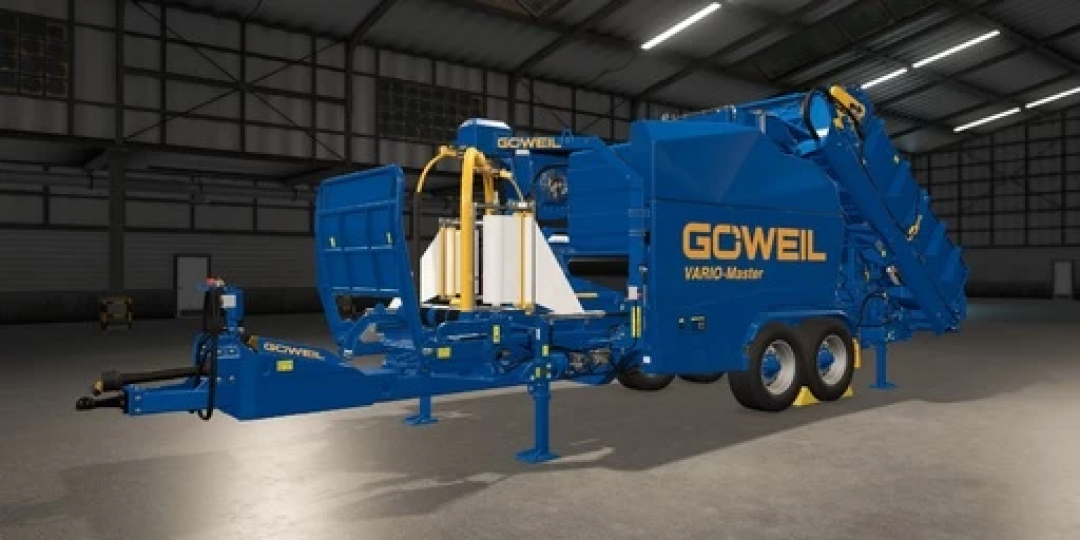 Goeweil VarioMaster X mod for FS25 in Farming Simulator 25, showcasing detailed machinery design in a warehouse setting.