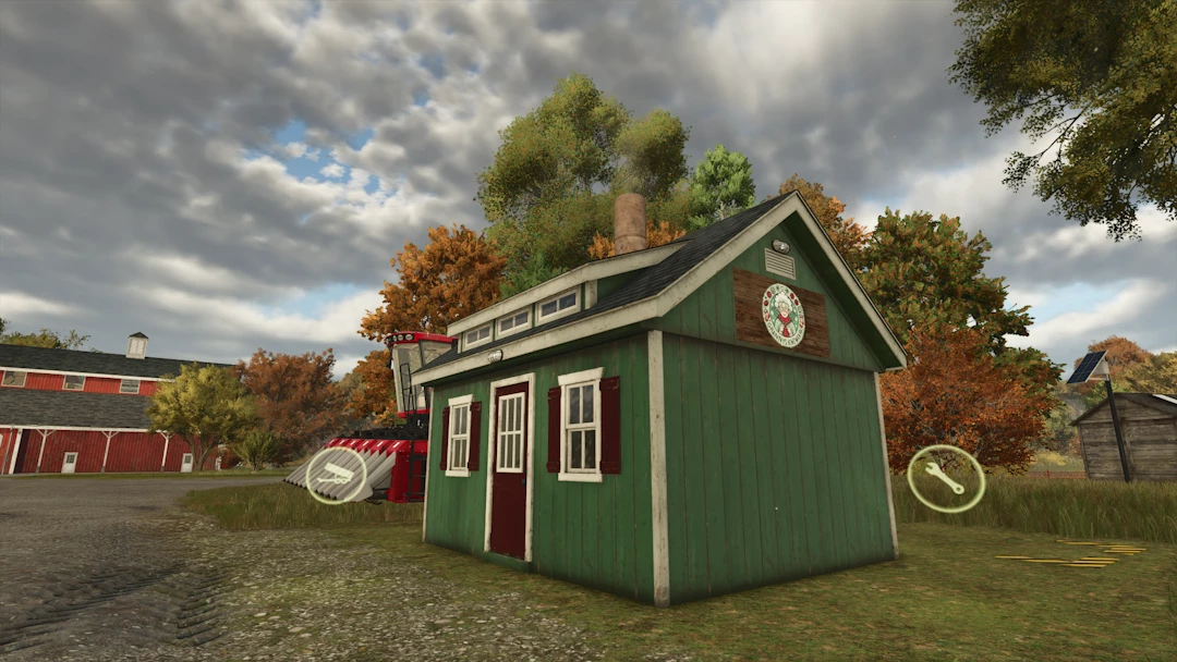 FS25 mod Grannys Knitwear V1.0.0.0 features a quaint green knitting shop set in a rustic countryside.