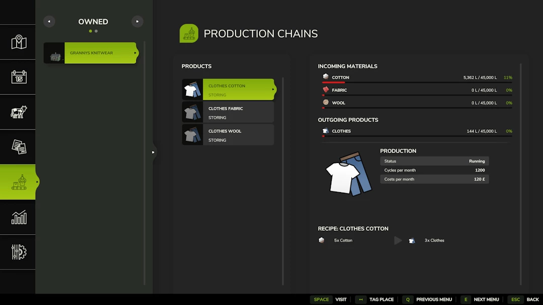 FS25 mod Grannys Knitwear interface showing production chains and materials.