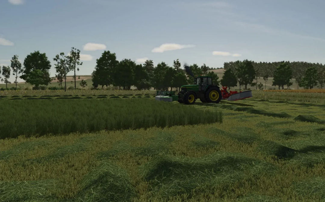 FS25 mod Grass Texture v1.0.0.0 showing a tractor mowing lush green fields under a clear sky.