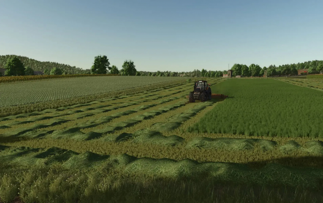 Farming Simulator 25 mod with tractor on field using Grass Texture v1.0.0.0, showcasing realistic farm landscape.