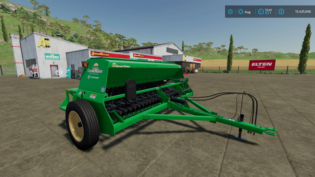 FS22 mod Great Plains 1300F v1.0.0.0, groene landbouwzaaimachine, weergegeven op een boerenerf.