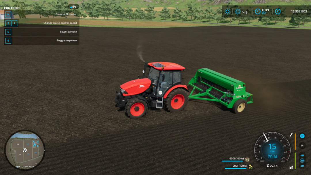 FS22 mod Great Plains 1300F toont een tractor met zaaimachine op een veld in Farming Simulator 22.