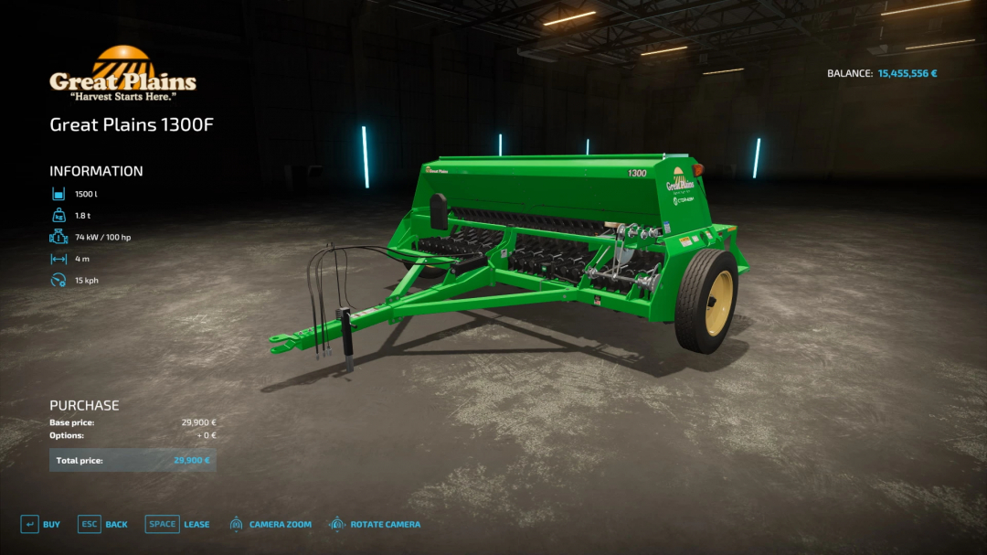 Great Plains 1300F-mod in FS22, groene landbouwapparatuur met specificaties weergegeven.